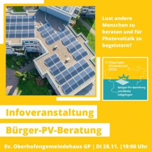 Read more about the article Bürger-PV-Beratung – Mitstreiter*innen gesucht – Infoveranstaltung am 28. November